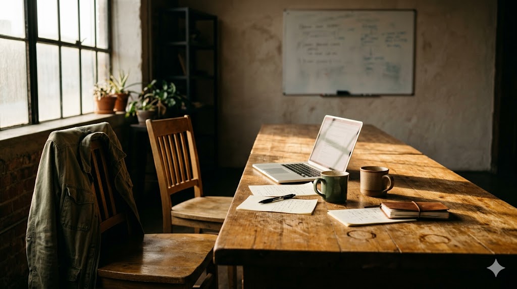 A co-working setup — two chairs at a table, one occupied, one open and ready